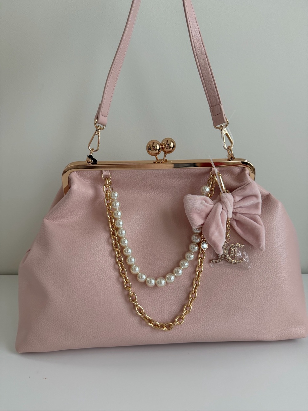 Juicy Couture Pink Frame Shoulder Bag with Pearl & Gold Chain